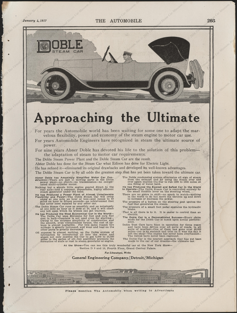 Doble-Detroit Steam Motors Company advertisement, The Automobile, January 4, 1917, page 203