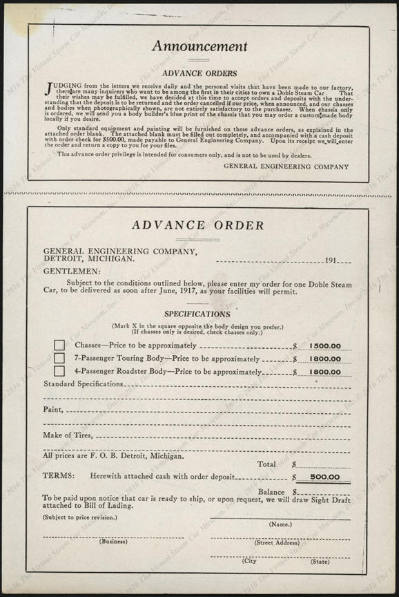 General Engineering Company, Detroit, MI, February 3, 1917, Order Form