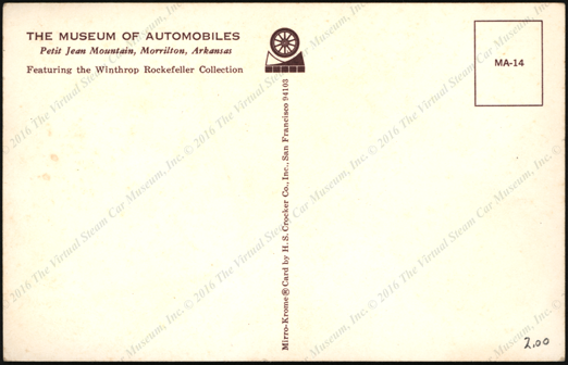 Dudgeon Steam Wagon, Winthrop Rockefeller Collection, Museum of Automobiles, postcard, Reverse