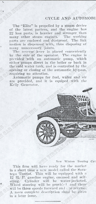 Elite Steam Carriage, D. B. Smith & Company, December 1901, Cycle and Automobile Trade Journal, p. 35, photocopy, Conde Collection.