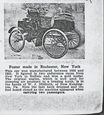 Foster Automobile Manufacturing Company, Rochester, NY.  1925 Automobile Trade Journal article, p. 33, concerning use of Foster engine to power a brazing torch