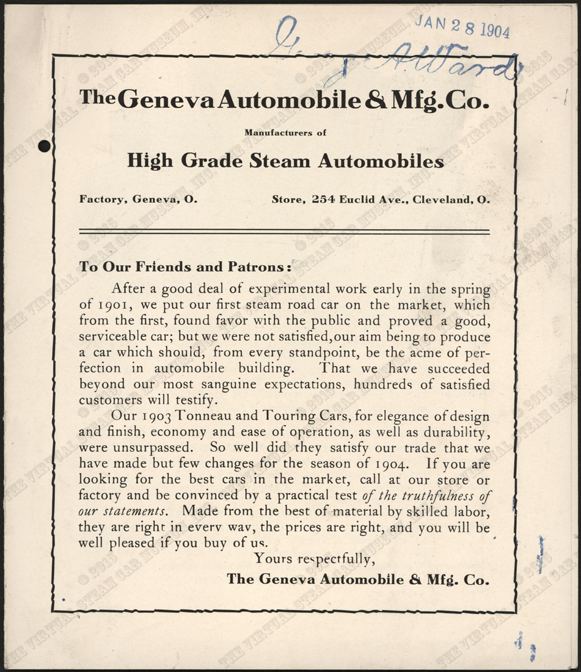 The Geneva Automobile and Manufacturing Company, 1902 Trade Catalogue for te 1903 season, Conde Collection.  George A. Ward File stamp.