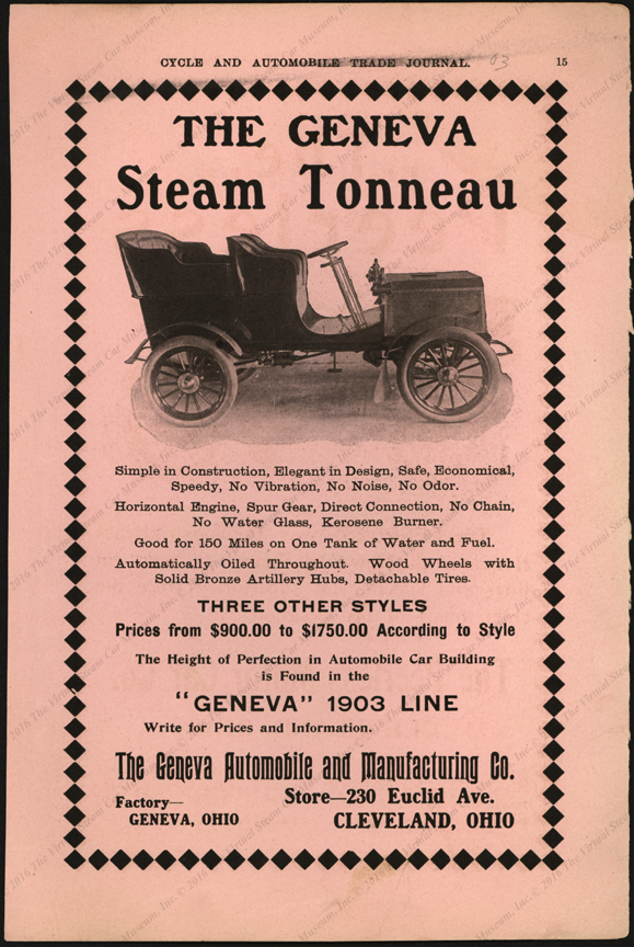 Geneva Automobile and Manufacturing Company, 1903, Cycle and Automobile Trade Journal advertisement, p. 15