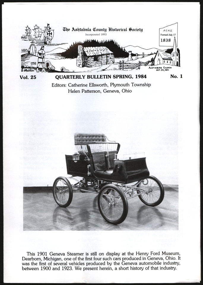Astabula County Historical Society Articce about the Geneva Steam Car in the Spring 1984 issue of its newsletter.