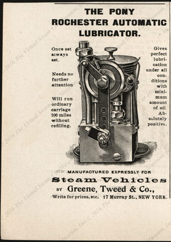 Greene, Tweed, & Company, 1900 Magazine Advertisement for the Pony Rochester Automatic Lubricator