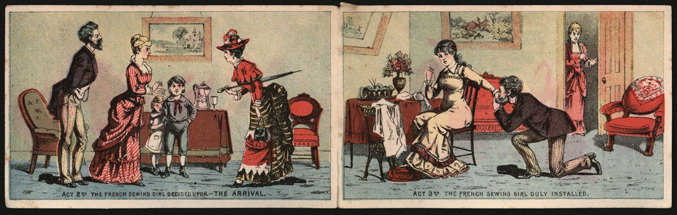 New Home Sewing Machine Company Trade Card, Four Part Drama!