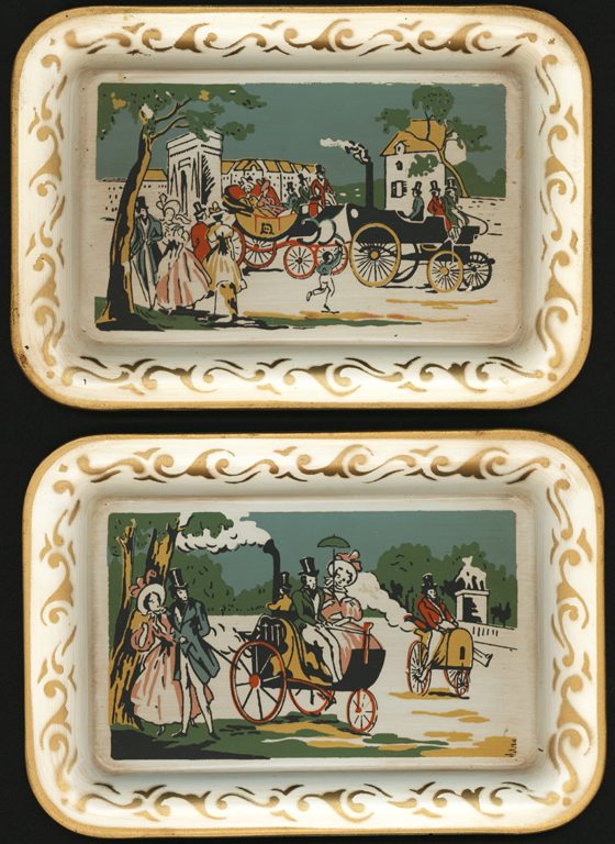 Supper Tray, American Art Works, Inc., Coshocton, Ohio, Fanciful English Steam Carriages, Front