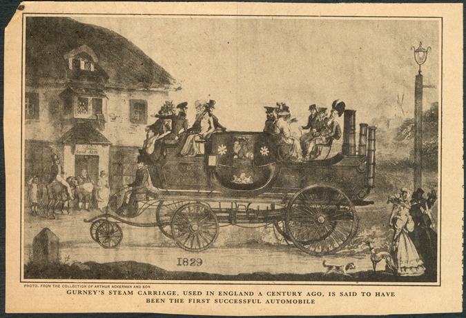 Gurney's Steam Carriage, England, ca: 1828, unidentified magazine image