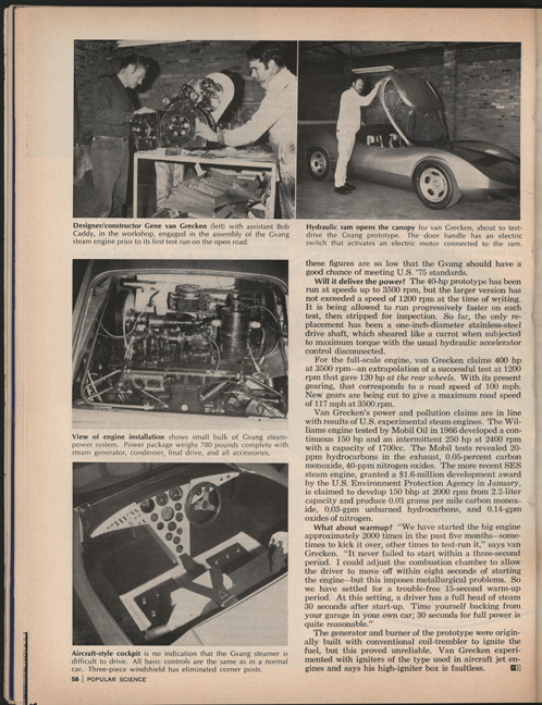 GVANG Steam Car, Gene Van Grecken, Popular Science, December 1972, p. 58.