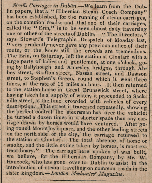 Walter Hancock, The National Intelligencer, May 6, 1835, vol,  xxxvi, No. 5186, p. 4.	Steam Carriages in Dublin