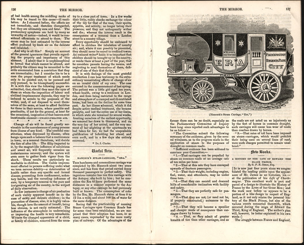 Walter Hancock, Steam Carriage, ERA, August 27, 1836, The Mirror, Vol. XXVIII, No. 793, p. 136