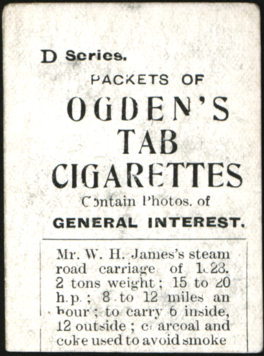 William Henry James Steam Carriage, 1828, Cigarette Card Reverse