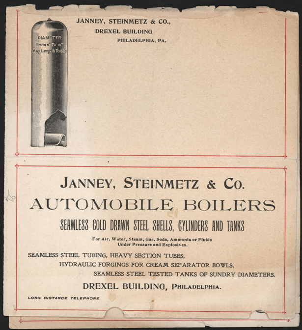 Janney, Steinmetz, & Company, 1901 Brochure, Steam Car Boilers, p. 1
