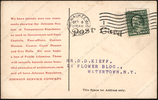 Johnson Service Company, Advertising Postcard for public building HVAC, October 8,1909