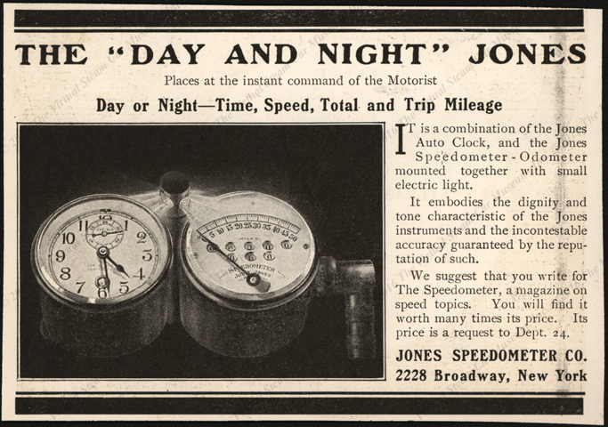 Jones Speedometer Company Magazine Advertisement, 1907,  The Day and Night Jones.