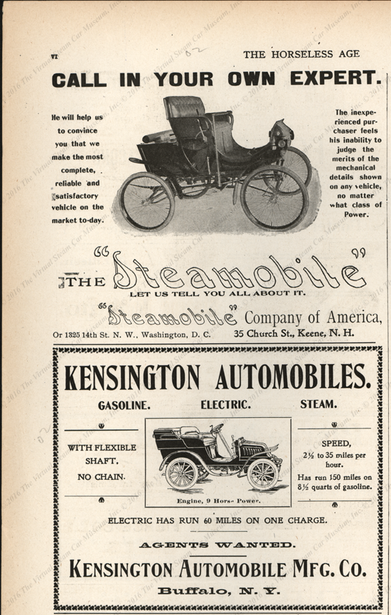 Kensington Automobile Company, Horseless Age Magazine, April 16, 1902,  vol. 9, no.  16 Magazine Advertisement, page vi