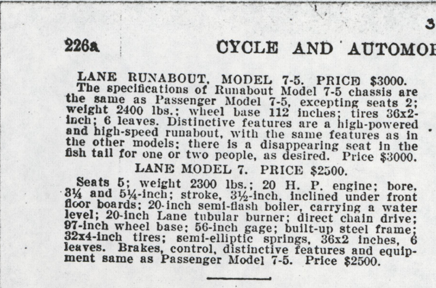 Lane Motor Vehicle Company Magazine Advertisement, August 1906, Cycle and Autombile Trade Journal, p. 226a, Conde Collection