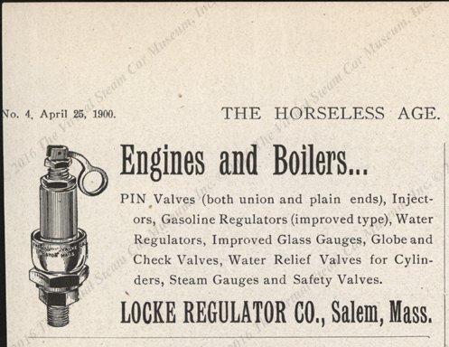 Locke Regulator Company Magazine Advertisement, April 25, 1904, The Horseless Age.