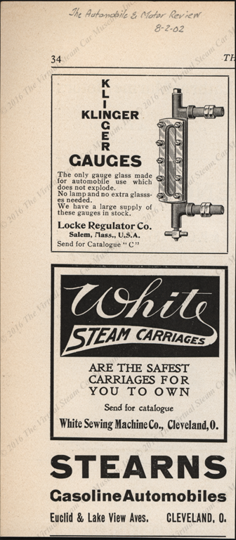 Locke Regulator Company Magazine Advertisement, Automobile and  Motor Review, August 2, 1902, p. 34, Klinger Gauges Conde Collection