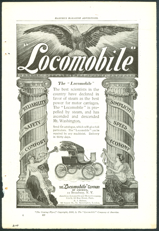 Locomobile Company of America, Magazine Advertisement, February 1900 Harpers Magazine, p. 49