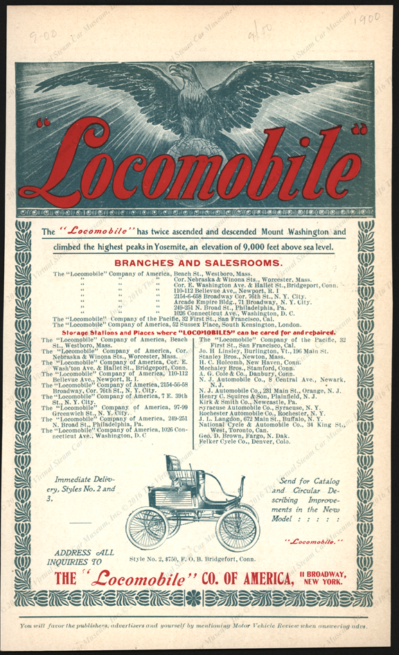 Locomobile Company of America, September 1900 Magazine Advertisement, American Monthly Review of Reviews Magazine