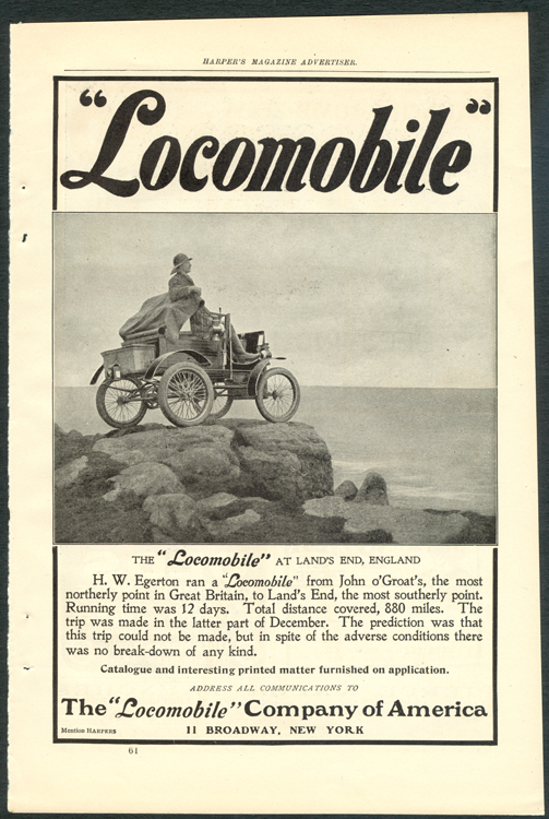Locomobile Company of America, Magazine Advertisement, April 1901, Harper's Magazine, p. 61.