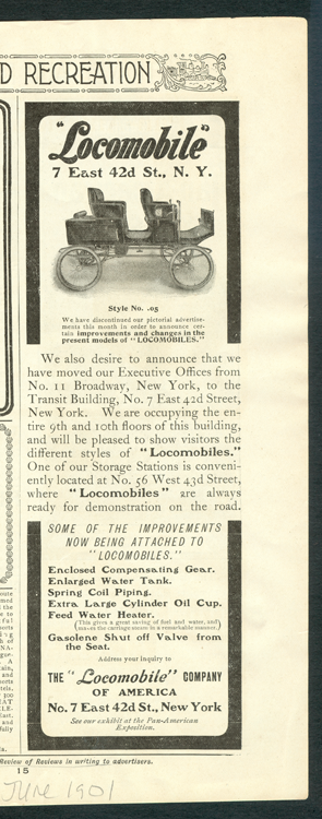 Locomobile Company of America, Magazine Advertisement, American Monthly Review of Reviews, June 91901, p. 15.