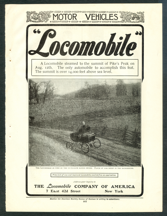 Locomobile Company of America, Magazine Advertisement, October 1901, American Monthly Review of Reviews, p. 85