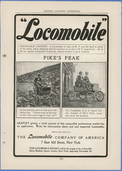 Locomobile Company of America, Magazine Advertisement, Harper's Magazine, November 1901, Pikes Peak Hill Climb, Pp. 101