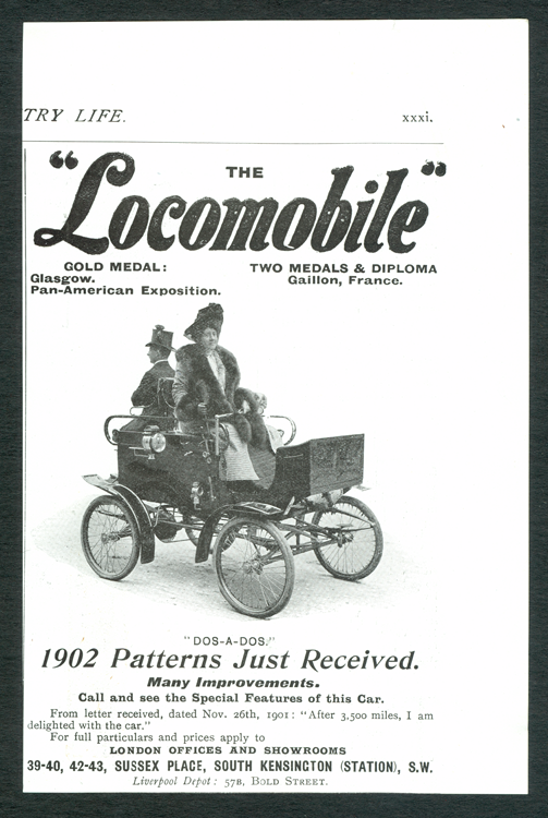 Locomobile Company of America, Magazine Advertisement, 1901, Country Life in England, p. xxxi.