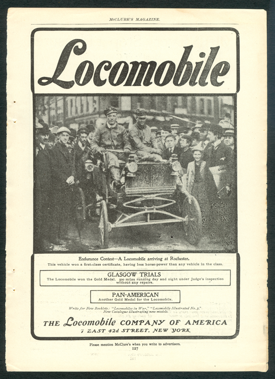 Locomobile Company of America, Magazine Advertisement, McClure's Magazine, December 1901, p. 127.