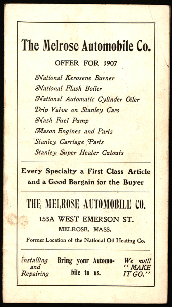 Melrose Automobile Company, 1907 Trade Catalogue, Stanley Steam Car Improvements