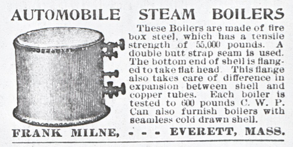 Frank Milne, Everett, MA, Steam Automoblie Boiler Maker, ca: 1901