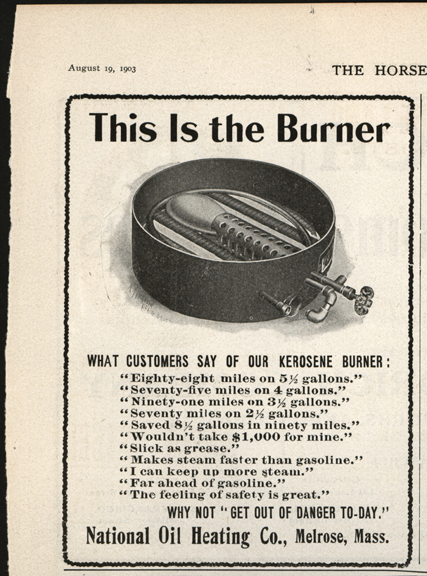 National Oil Heating Company, Horseless Age Magazine Advertisement,  August 19, 1903.  Kerosene Burner for Steam Cars.