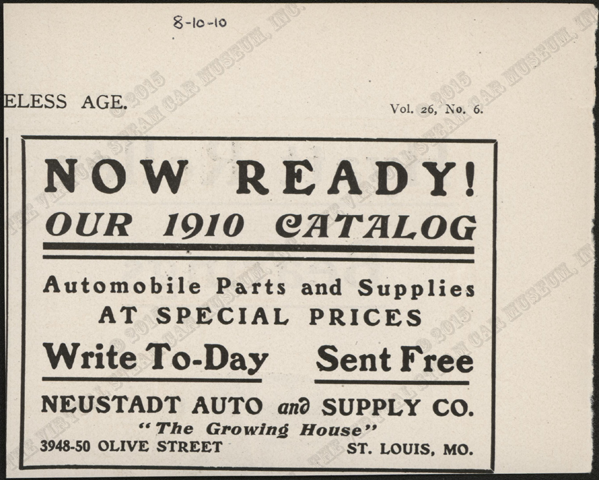 Neustadt Automobile and Supply Company, August 10, 1910, Horseless Age, Vol. 26, No. 6, Conde Collection.