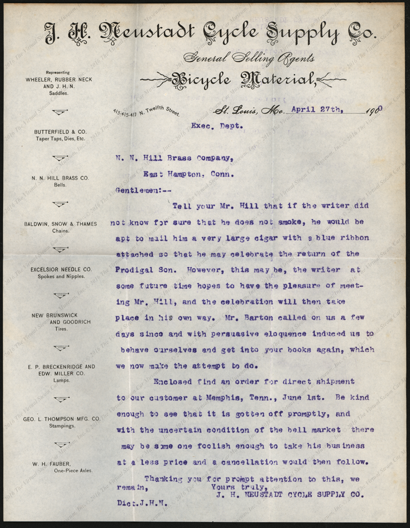 Neustadt Cycle Supply Company Letter, April 27, 1900
