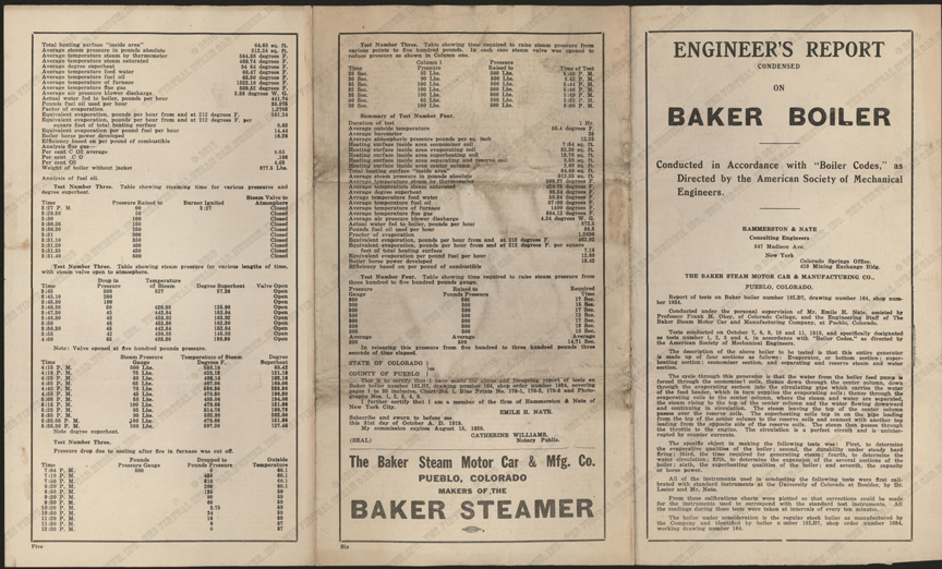 Baker Steam Car and Manufacturing Company, Engineer's Report, October 31, 1919, Nichols Collection.