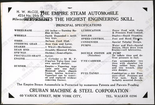 American Steam Automobile Company, Empire Steam Automobile, G. W. Nichols Collection, Harry McGee Postcard, Front