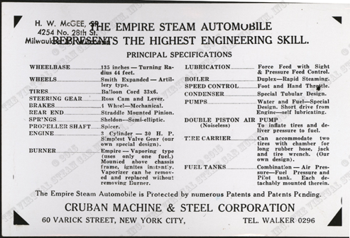 American Steam Automobile Company, Empire Steam Automobile, G. W. Nichols Collection, Harry McGee Postcard, Front