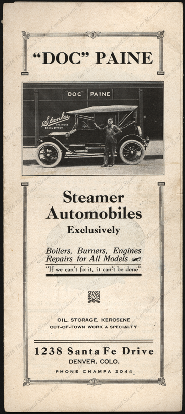 "Doc" Paine Steamer Automobiles Exclusively, Advertising Brochure, Denver, CO, ca: 1915 - 1920