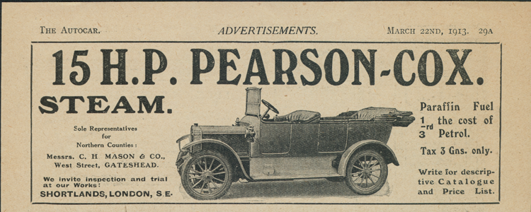 Pearson-Cox Steam Car Magazine Advertisement, March 22, 1912, The Autocar, Page 29A.