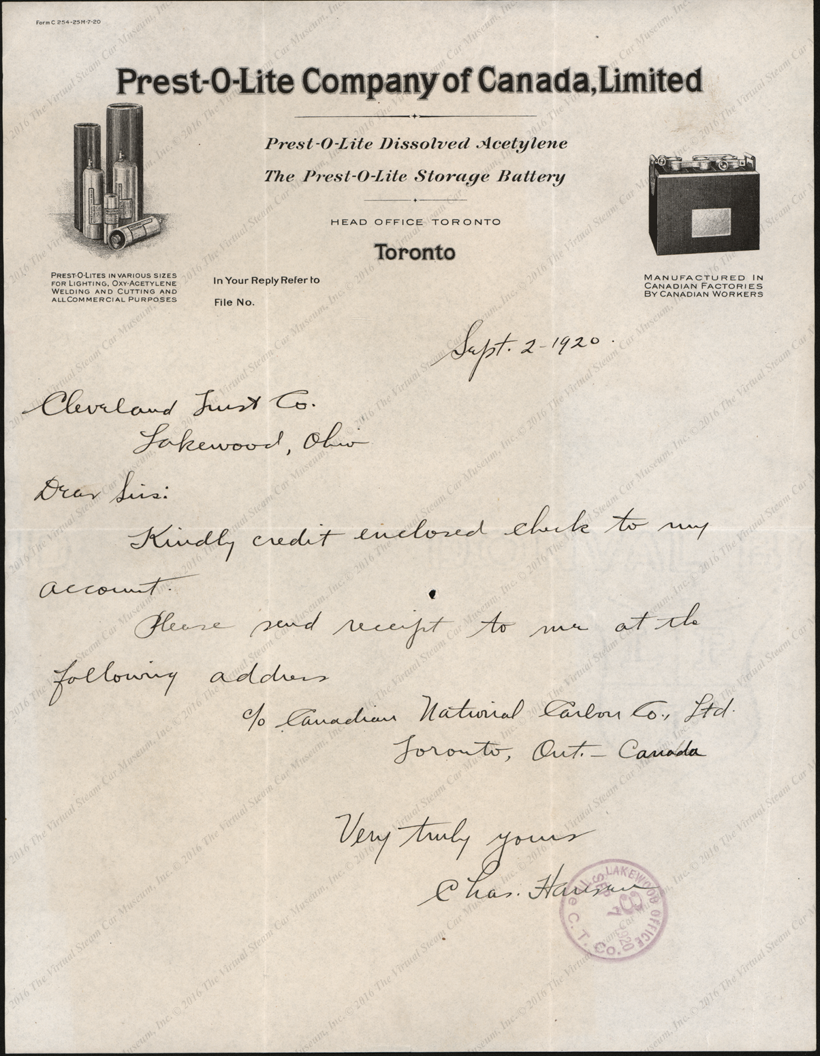 Prest-O-Lite Company of Canada Toronto, september 2, 1920 letterhead