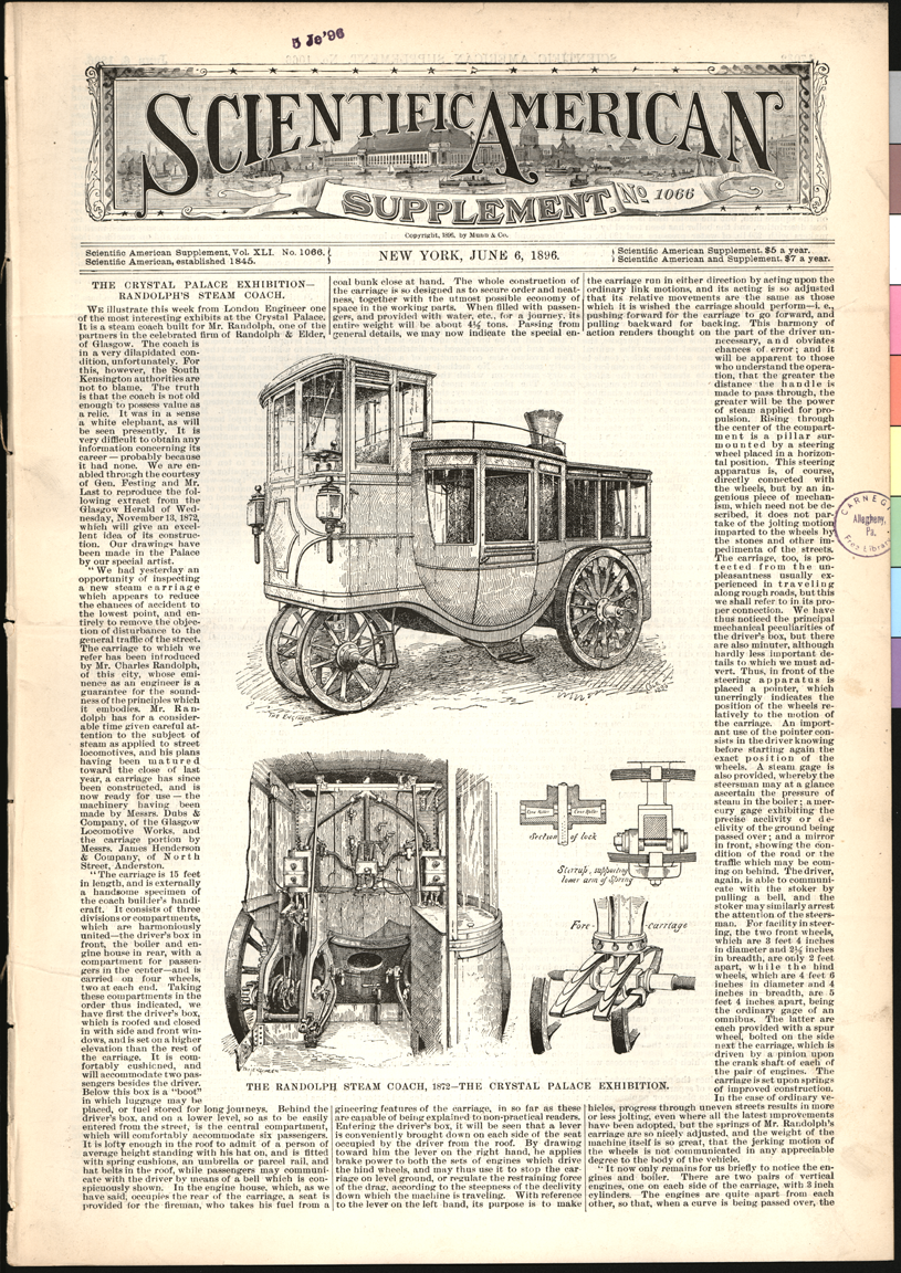 Charles Randolph Steam Carriage, Scientific American supplement, June 6, 1896, Supplement, Vol. XLI, No. 1066, p. 17031