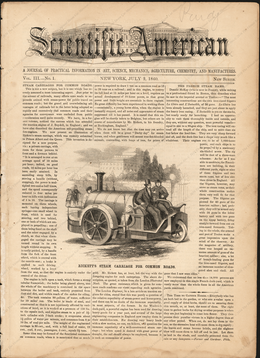 Rickett Steam Carriage, Scientific American, July 2, 1860