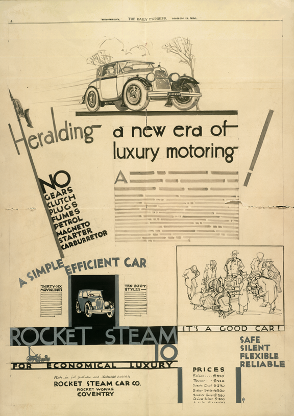 Rocket Steam Car Company, Coventry, March 30, 1930, Newspaper Advertisement Mock Up