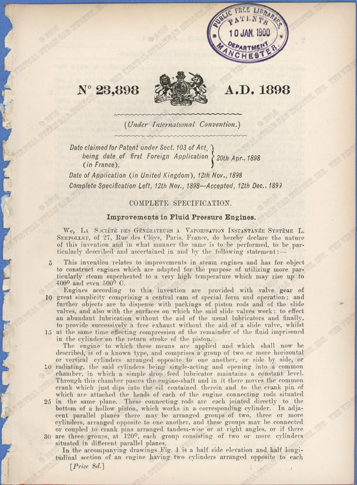 Serpollet Patent, April 20, 1898, Patent No. 23898
