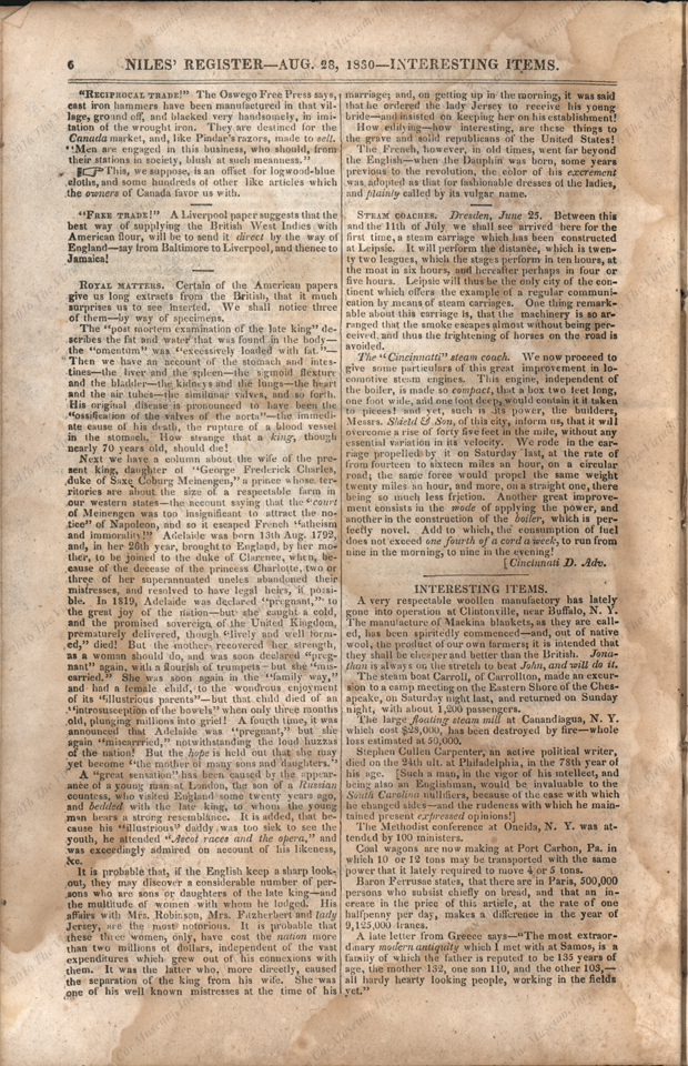 Shield and Son, Cincinnati, Ohio, Steam Car 1830, Niles Weekly Register