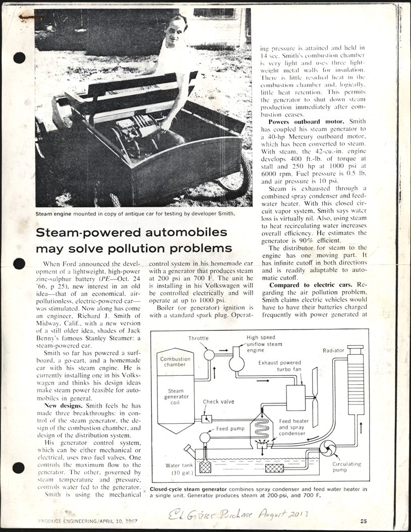 Richard J. Smith Steam Engine, Product Engineering Magazine Article, April 10, 1967, p. 25