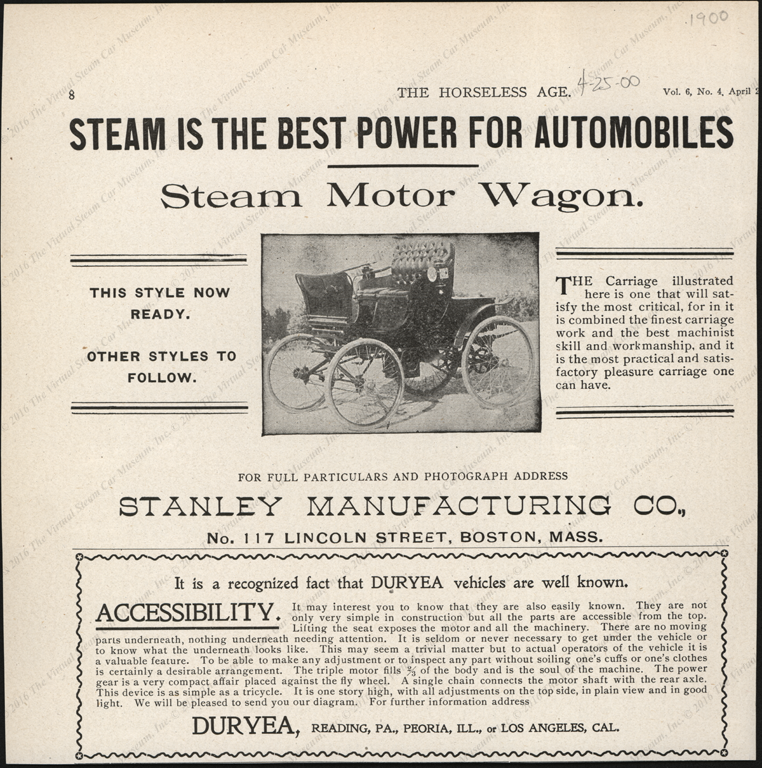 Stanley Manufacturing Company, Magazine Advertisement, Horseless Age, April 25, 1900, page 8