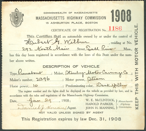 Massachusetts Highway Commission issued this Certificate of Registration in 1908